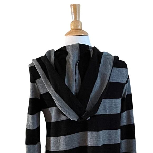 Ya Los Angeles Cotton Blend Black Gray Stripe Long Open Cardigan Sweater Hood L - Picture 5 of 10